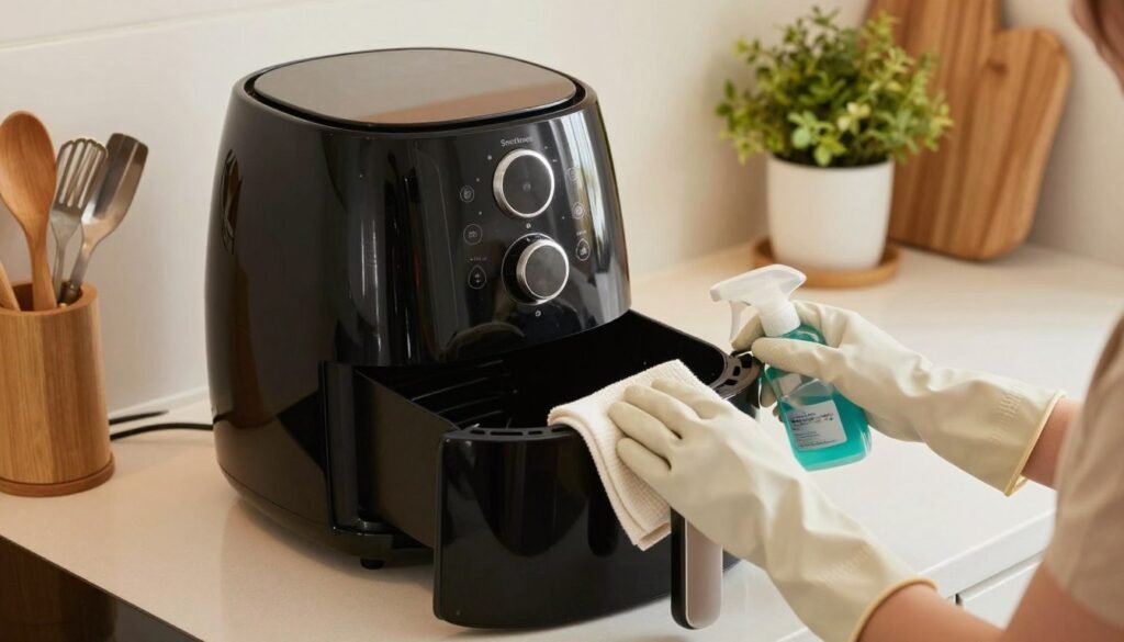 Uma bela composição de cena de cozinha com foco em uma fritadeira elétrica sobre uma bancada limpa, destacando as precauções de segurança para a limpeza. Em primeiro plano, um par de mãos usando elegantes luvas de borracha manuseia delicadamente um pano macio e um produto de limpeza não abrasivo. Em segundo plano, a fritadeira elétrica é exibida com destaque, brilhando sob uma iluminação suave e quente que realça suas características. Ao fundo, uma cozinha organizada com bom gosto, com utensílios e uma planta que conferem um toque acolhedor, transmitindo limpeza e organização. A atmosfera é calma e convidativa, sugerindo profissionalismo e cuidado na manutenção do eletrodoméstico. A imagem foi capturada de um ângulo ligeiramente elevado para mostrar os detalhes sem distrações.