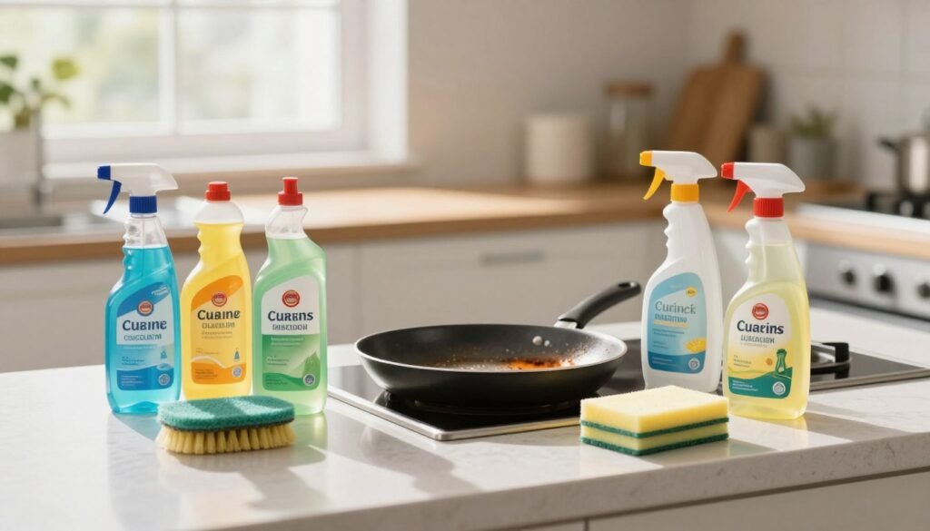 Uma bancada de cozinha limpa e organizada, com destaque para uma variedade de produtos de limpeza específicos para panelas queimadas. Em primeiro plano, mostre frascos de detergente líquido, esponjas de aço e um borrifador com rótulos visíveis indicando seus usos. Em segundo plano, uma frigideira levemente suja enfatiza a necessidade dos produtos de limpeza. Ao fundo, suavemente desfocada, uma cozinha organizada com luz natural entrando pela janela cria uma atmosfera acolhedora e convidativa. A iluminação deve ser brilhante, porém suave, realçando as texturas dos produtos. Utilize uma lente grande angular para capturar toda a cena, transmitindo uma sensação de praticidade e limpeza, ideal para um ambiente doméstico.