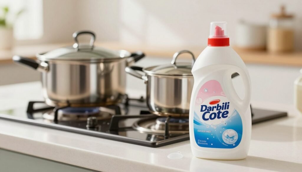 Uma bancada de cozinha limpa e visualmente atraente, com um frasco de detergente líquido em primeiro plano, destacado com algumas bolhas para enfatizar suas propriedades de limpeza. Ao centro, duas panelas brilhantes e bem usadas estão dispostas ao lado do detergente, exibindo seu estado impecável após uma limpeza recente. O fundo apresenta uma cozinha ensolarada com foco suave, enfatizando uma atmosfera acolhedora e convidativa. A iluminação é brilhante e natural, realçando as superfícies brilhantes das panelas e do frasco de detergente. A composição foi fotografada em um ângulo ligeiramente elevado para capturar a essência da limpeza cotidiana, criando uma atmosfera prática e com a qual o espectador se identifica.