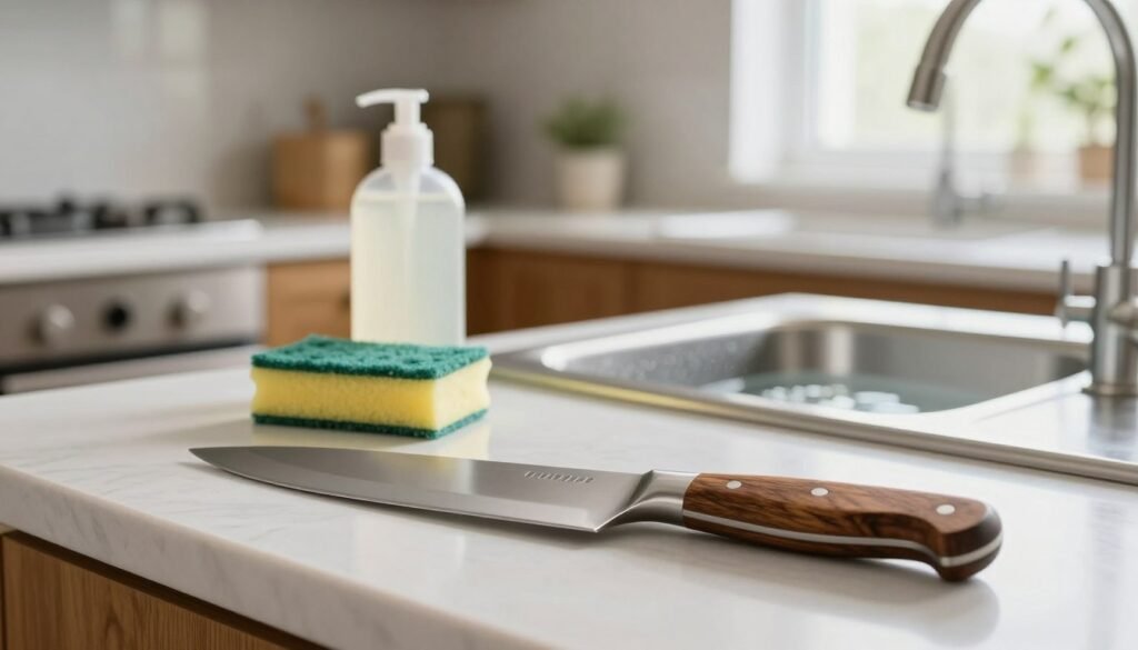Uma bancada de cozinha limpa e bem conservada, com uma faca de chef reluzente em destaque no primeiro plano. A faca deve ter uma lâmina de aço inoxidável polido e um cabo de madeira resistente, refletindo a importância da manutenção regular. No plano médio, um frasco de detergente e uma esponja macia estão ao lado de uma pequena bacia com água morna e sabão, enfatizando o processo de limpeza. O fundo deve estar levemente desfocado, mostrando uma cozinha bem organizada com armários de madeira e iluminação natural suave entrando por uma janela próxima. A atmosfera geral é calma e convidativa, promovendo uma sensação de ordem e higiene essenciais na manutenção da cozinha.