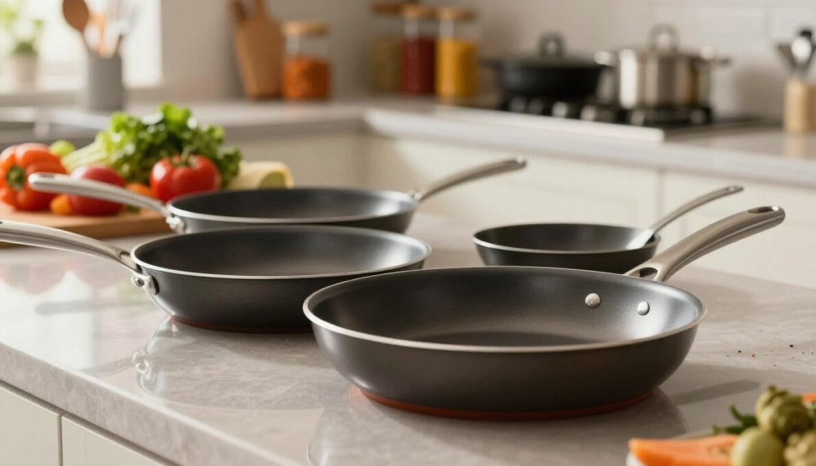 A close-up view of a set of sleek, modern non-stick frying pans, arranged artfully on a polished kitchen countertop. The foreground features gleaming, well-maintained pans with smooth, shiny surfaces reflecting soft natural light. The middle showcases a vibrant kitchen setting with fresh vegetables and utensils, indicating preparation for cooking. In the background, softly blurred shelves filled with colorful spices and cookware create depth. The lighting is warm and inviting, highlighting the non-stick surface and showcasing the pan's pristine condition, enhancing the overall atmosphere of cleanliness and care in the kitchen. The composition focuses on the beauty and practicality of non-stick cookware, embodying a sense of culinary expertise and attentive maintenance.