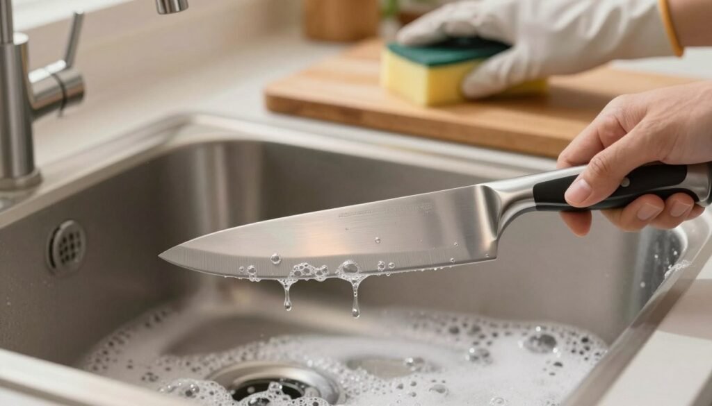 Uma visão em close-up de uma faca de cozinha brilhante e precisa repousando em uma pia limpa e ensaboada, destacando a importância da lavagem adequada da faca. O foco está na lâmina reluzente sob a luz suave e quente da cozinha, com reflexos visíveis na superfície metálica. Ao fundo, um par de mãos usando luvas de cozinha discretas esfrega cuidadosamente uma tábua de corte com uma esponja. Um toque de verde na bancada próxima adiciona frescor à cena. A imagem captura uma atmosfera de cozinha calma e organizada, transmitindo uma sensação de segurança e eficácia no cuidado com a faca. 