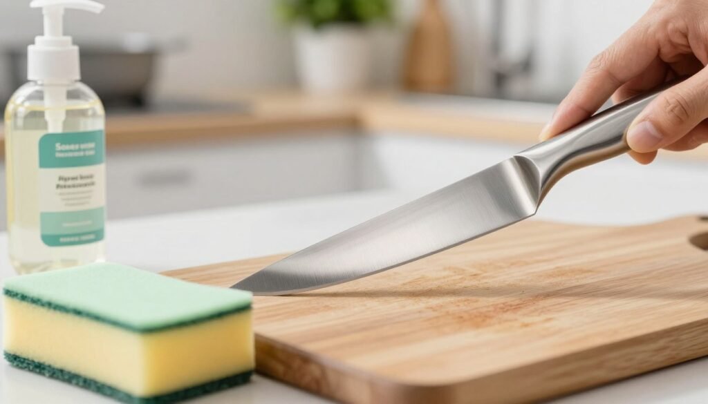 Uma visão aproximada de uma faca de aço inoxidável sendo cuidadosamente limpa em um ambiente de cozinha. A faca está posicionada sobre uma tábua de corte de madeira, exibindo sua lâmina brilhante que reflete a luz ambiente da cozinha. Em primeiro plano, uma esponja macia e um frasco de solução de limpeza suave, com a indicação de uso seguro, estão cuidadosamente dispostos. O fundo apresenta um ambiente de cozinha limpo e organizado, com sutis toques de plantas verdes e utensílios que transmitem uma atmosfera fresca e convidativa. A iluminação suave e difusa realça a imagem, criando uma atmosfera de calma e foco na tarefa em questão. O ângulo captura a essência da limpeza sem mostrar pessoas, mantendo um ar profissional de cozinha e, ao mesmo tempo, destacando a importância do cuidado adequado com a faca.