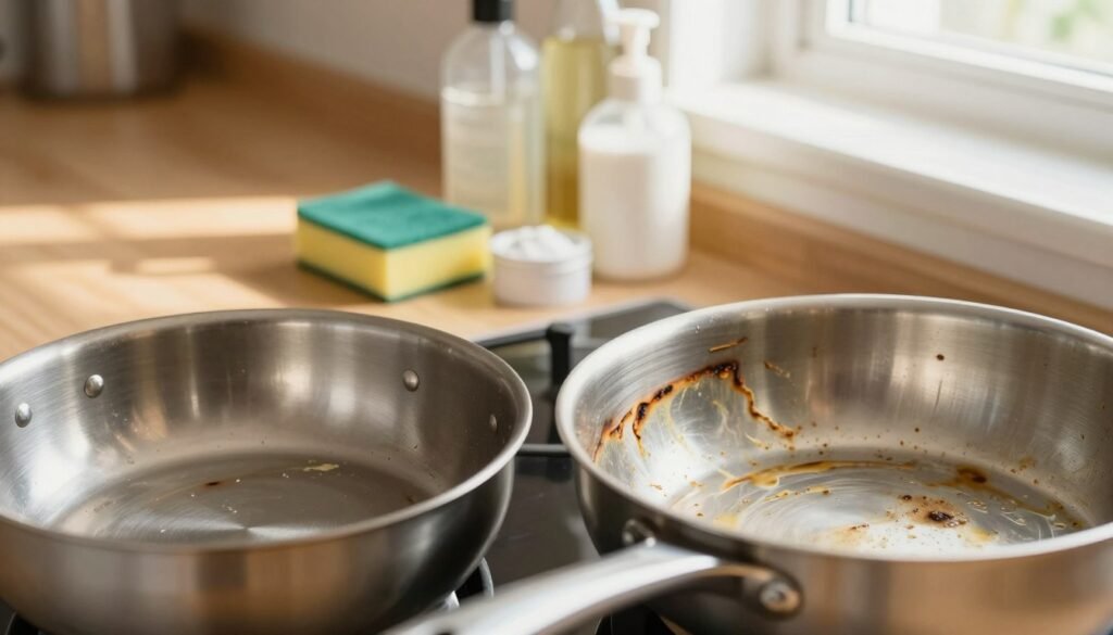 Uma visão aproximada de diversas panelas de cozinha, com foco em diferentes manchas comuns causadas pelo cozimento. Em primeiro plano, duas panelas de aço inoxidável: uma com marcas de queimado visíveis e a outra com resíduos de comida persistentes. Em segundo plano, uma bancada de madeira exibe uma variedade de utensílios de limpeza delicados, como uma esponja macia, bicarbonato de sódio e soluções de limpeza naturais, sugerindo uma abordagem não agressiva para a limpeza. Ao fundo, vislumbra-se sutilmente uma cozinha clara e arejada, com a luz entrando pela janela e projetando sombras suaves. A atmosfera é calma e convidativa, transmitindo uma sensação de esperança em restaurar o brilho original das panelas sem o uso de produtos químicos agressivos. A iluminação é quente e natural, realçando as texturas das panelas e dos elementos ao redor.