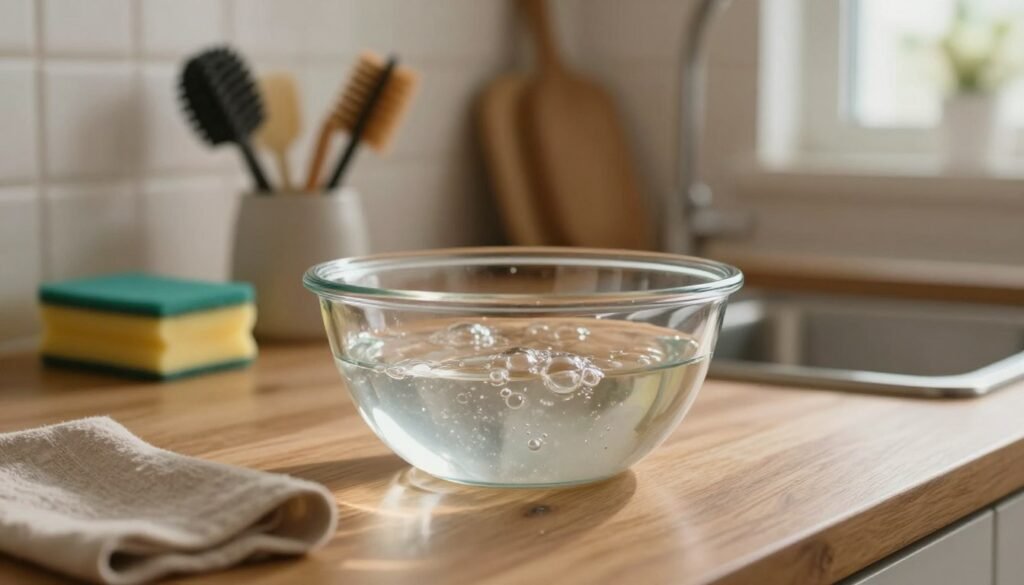 Uma cena serena de cozinha com foco em uma tigela de vidro cheia de água morna, borbulhando suavemente e sugerindo aconchego e limpeza. Em primeiro plano, a tigela está sobre uma bancada de madeira com um pano macio ao lado. Em segundo plano, uma visão ligeiramente desfocada mostra uma coleção de utensílios de limpeza que não riscam, como esponjas e escovas, organizados cuidadosamente em um pequeno recipiente. O fundo é suavemente iluminado, revelando um ambiente de cozinha acolhedor com tons quentes sutis e sombras suaves, criando uma atmosfera tranquila. A luz natural e suave filtra-se por uma janela próxima, projetando reflexos delicados na superfície da água e convidando o observador a sentir uma sensação de cuidado e atenção na limpeza.