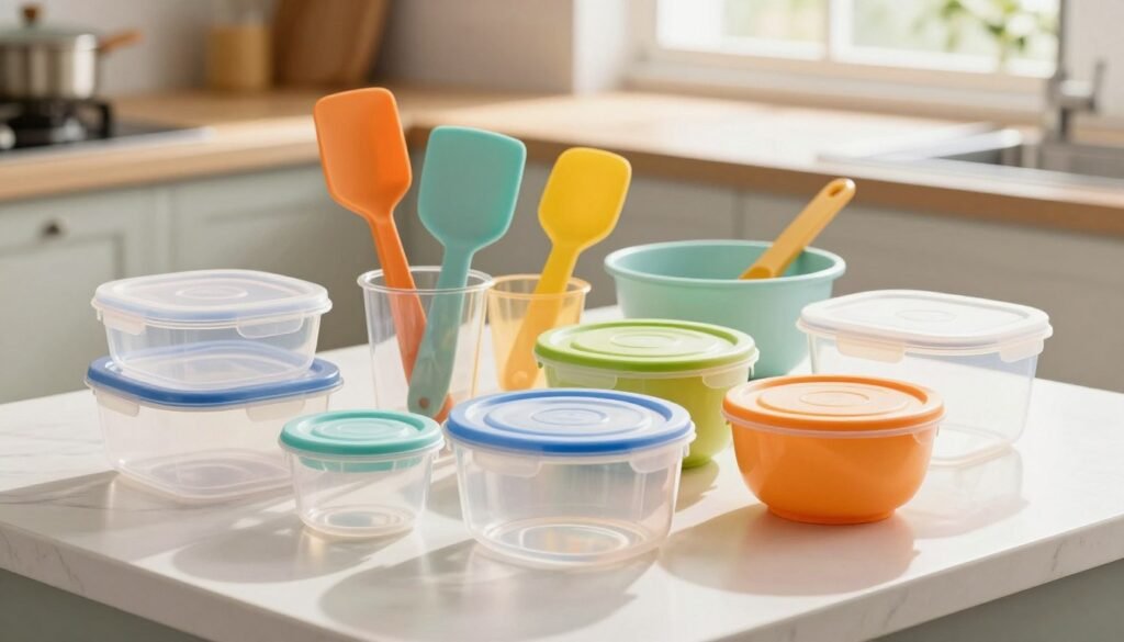 Uma bancada de cozinha bem organizada, com diversos utensílios, recipientes e tampas de plástico coloridos, ilustra o tema de segurança e praticidade. Em primeiro plano, vários recipientes de plástico resistentes e transparentes, com suas respectivas tampas, estão cuidadosamente empilhados, exibindo seus formatos e fechamentos seguros. Em segundo plano, alguns utensílios, como uma espátula, xícaras medidoras e uma tigela, destacam a variedade de modelos adequados para uso na lava-louças. Ao fundo, uma cozinha levemente desfocada, com luz natural entrando por uma janela próxima, projetando sombras suaves que criam uma atmosfera acolhedora e convidativa. A mensagem geral é informativa e prática, enfatizando a importância do cuidado adequado com os itens de plástico na lava-louças. Utilize um ângulo de close-up para capturar os detalhes dos recipientes e utensílios.