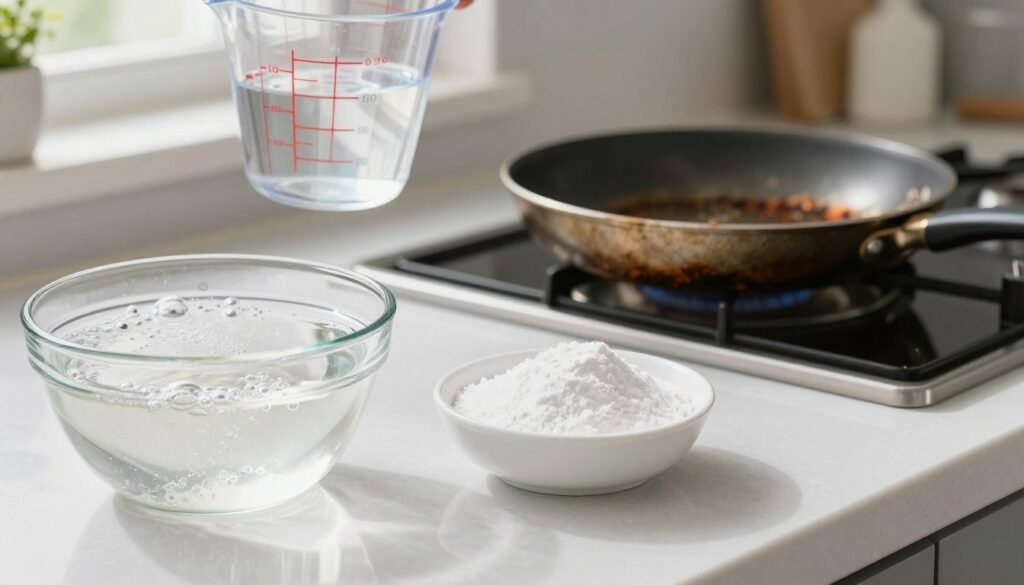 Uma bancada de cozinha bem iluminada exibe um close de três itens domésticos comuns de limpeza: uma tigela de vidro transparente com vinagre borbulhante, um pequeno recipiente com bicarbonato de sódio e um copo medidor com água. Em primeiro plano, a tigela destaca as bolhas efervescentes, indicando a reação química. Em segundo plano, o bicarbonato de sódio está cuidadosamente posicionado ao lado da tigela, enquanto o copo medidor paira ligeiramente acima, sugerindo o ato de despejar a água. Ao fundo, uma frigideira levemente desgastada com resíduos queimados é cercada por uma decoração de cozinha suave e pela luz natural que entra pela janela, criando uma atmosfera limpa e convidativa. O tom geral é prático e inspirador, enfatizando soluções cotidianas para problemas comuns de limpeza.