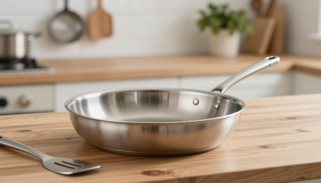 Uma frigideira de aço inoxidável bem conservada brilha sob a luz suave e difusa da cozinha, posicionada sobre uma bancada de madeira rústica e limpa. Em primeiro plano, a frigideira aparece ligeiramente inclinada, exibindo seu acabamento espelhado e o leve reflexo de uma espátula ao lado. Ao fundo, uma vista desfocada de uma cozinha aconchegante e convidativa inclui sutis indícios de panelas penduradas e ervas frescas. A atmosfera transmite uma sensação de calma e limpeza, ideal para discutir dicas de cuidados. A iluminação enfatiza a textura elegante do aço inoxidável, com sombras suaves que criam profundidade e destacam a superfície brilhante da frigideira. Nenhuma inscrição ou marca é visível, focando-se exclusivamente na beleza e funcionalidade do utensílio de cozinha.