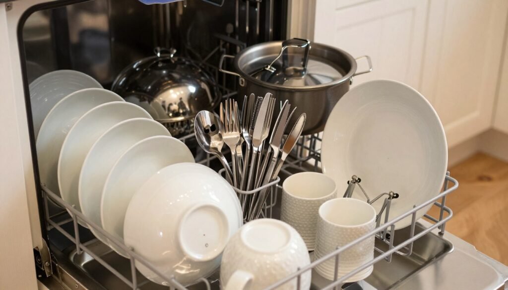 O interior de uma máquina de lavar louça bem organizada exibe uma variedade de utensílios de cozinha. Em primeiro plano, o foco está em pratos, xícaras e panelas cuidadosamente dispostos, destacando seu posicionamento estratégico para maximizar o espaço e garantir uma limpeza ideal. A seção intermediária apresenta uma disposição equilibrada de talheres em uma bandeja específica, enquanto a parte de trás exibe itens maiores, como tigelas e panelas, posicionados para uma circulação eficiente da água. Use uma iluminação suave e ambiente para iluminar a cena, criando uma atmosfera acolhedora e convidativa. Um leve ângulo de cima captura toda a profundidade da máquina de lavar louça, enfatizando o caos organizado em seu interior. A sensação geral é de eficiência e organização, ideal para ilustrar as melhores práticas de carregamento de uma máquina de lavar louça.