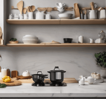 Cozinha pequena com prateleiras aramadas e potes herméticos padronizados.