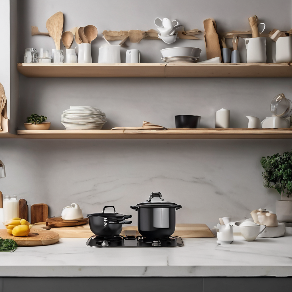 Cozinha pequena com prateleiras aramadas e potes herméticos padronizados.