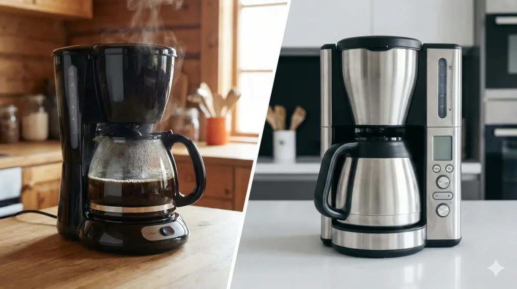 Comparativo lado a lado mostrando a melhor cafeteira elétrica com jarra de vidro e outra com jarra térmica de inox, destacando as opções de escolha para o consumidor.