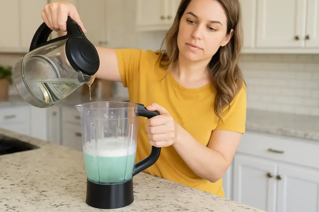 Pessoa realizando a limpeza automática do liquidificador com água e detergente usando a função pulsar.