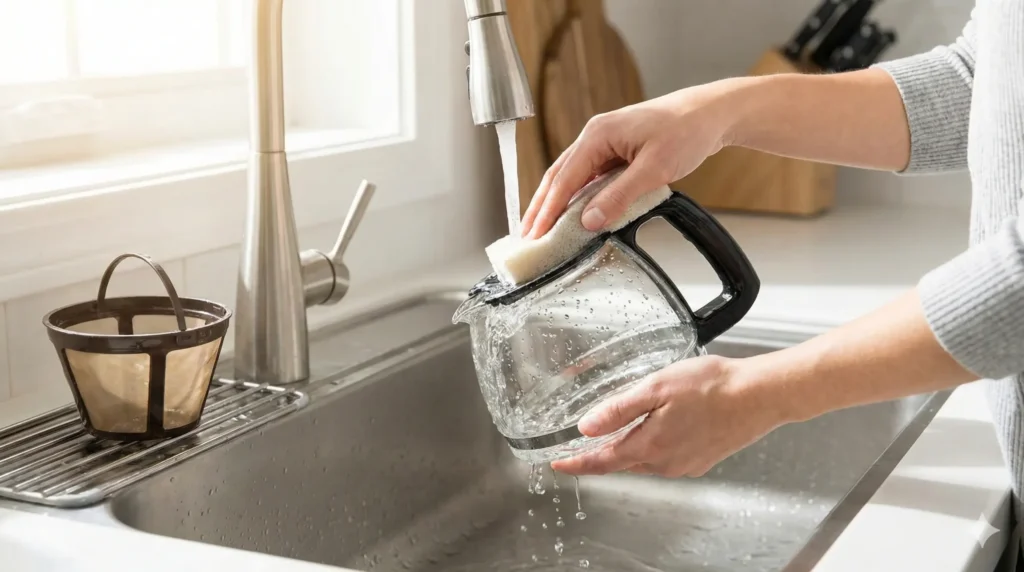 Pessoa realizando a limpeza do filtro permanente de uma cafeteira elétrica programável para garantir a higiene e o sabor ideal do café.