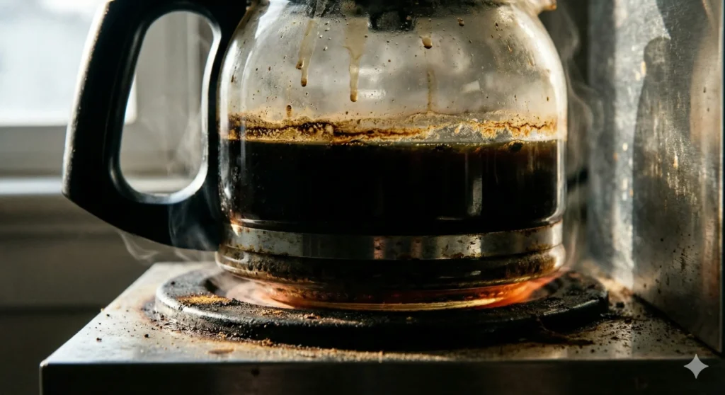Close-up de uma jarra de vidro com café preto deixada sobre a base de aquecimento da melhor cafeteira elétrica, resultando em café com sabor queimado.