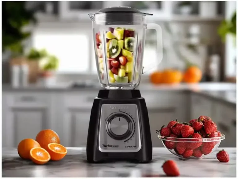"Um liquidificador moderno de alta potência com jarra de vidro cheia de suco verde, ilustrando a busca pelo melhor liquidificador do mercado."