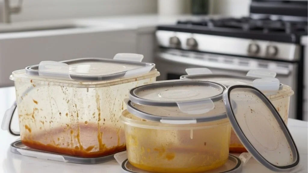 O plástico é um polímero poroso. Quando você aquece molho de tomate no micro-ondas dentro dele, as moléculas de gordura e licopeno (o pigmento do tomate) "derretem" levemente a camada superficial e se instalam nos poros.