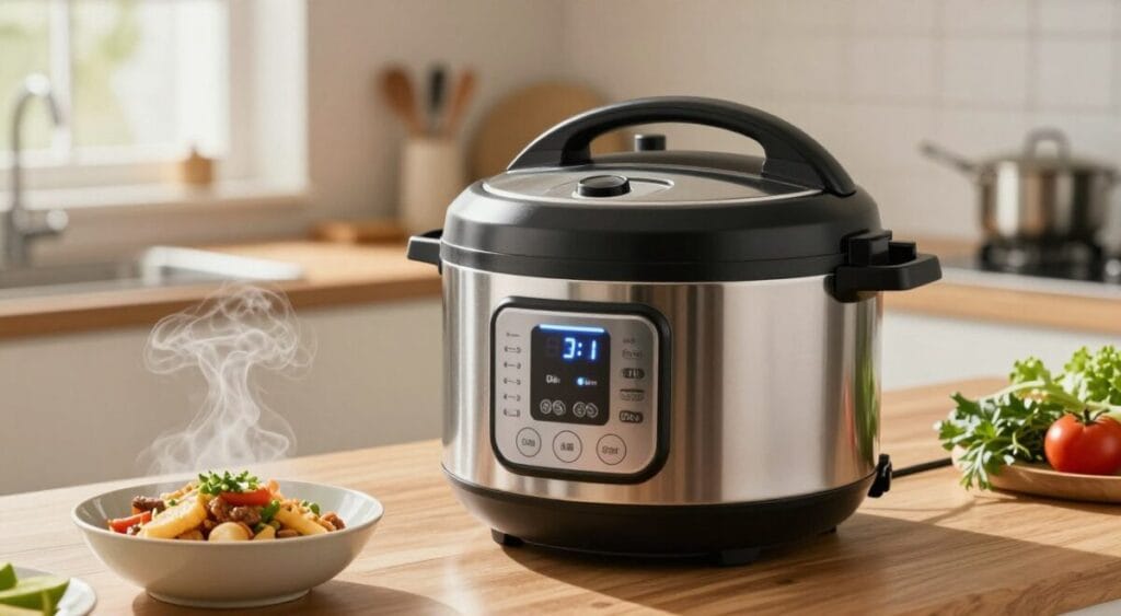 A close-up view of an electric pressure cooker in a modern kitchen setting. The cooker is sleek, made of stainless steel with an illuminated digital display showing various cooking settings. In the foreground, a steaming bowl of food is placed next to the cooker, emphasizing its use. The middle ground features a wooden countertop with a few fresh vegetables and herbs, conveying a sense of healthy cooking. Natural light streams in through a nearby window, creating a warm and inviting atmosphere. In the background, subtle kitchen elements like pots and utensils add to the homely feel, all while keeping the focus on the electric pressure cooker and its functionality. The image conveys a sense of convenience and modern cooking technology.