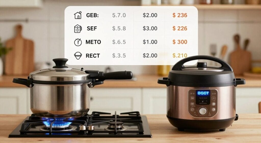 A detailed and informative comparison of gas versus electric energy as it relates to pressure cookers. In the foreground, a split-screen featuring a modern gas stove with an active flame on one side and a sleek electric pressure cooker with glowing buttons on the other. In the middle ground, visualize a clear infographic illustrating energy usage statistics and cost comparisons, using icons and diagrams. The background shows a cozy kitchen with warm lighting, highlighting a contrast between traditional and modern cooking methods. The overall mood is neutral, aiming for clarity and professionalism, with a focus on practical implications of energy consumption. Use a soft focus to gently blur the background while keeping the foreground sharp and engaging.