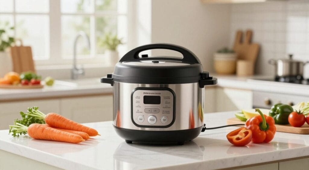 A modern electric pressure cooker, sleek and shiny, is at the forefront of the image, emphasizing its innovative design. The cooker is placed on a clean kitchen countertop, surrounded by fresh vegetables like carrots and bell peppers, showcasing the versatility of electric cooking. In the background, a bright, inviting kitchen setting with soft natural light streaming in through a window creates a warm atmosphere. The focus is sharp on the cooker, with a slightly blurred background to enhance depth. The overall mood is vibrant and energetic, reflecting a culinary revolution. Use a wide-angle lens to capture the essence of the kitchen space, highlighting the ease and efficiency of electric pressure cooking in a contemporary home.