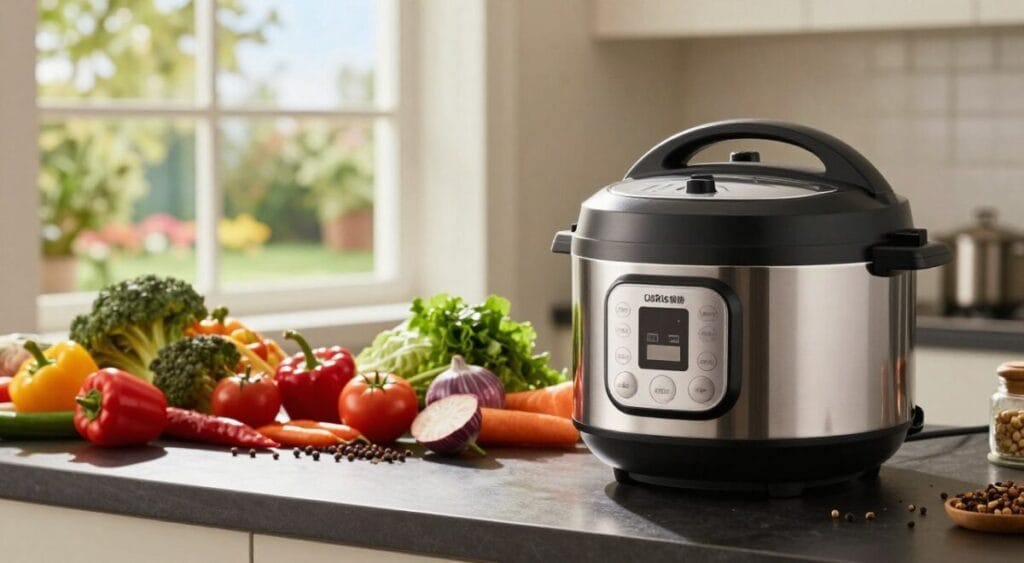 A modern kitchen showcasing the advantages of an electric pressure cooker compared to a traditional one. In the foreground, a sleek electric pressure cooker sits on a black countertop, gleaming with a silver finish and illuminated by soft, warm lighting, highlighting its digital display. In the middle, an array of colorful, fresh vegetables and spices are artfully arranged, showcasing the potential for healthy meals. In the background, a sunny window reveals a vibrant garden, suggesting freshness and abundance. The atmosphere is inviting and efficient, conveying a sense of modern home cooking convenience. The image should be vibrant and crisp, with a focus on the electric pressure cooker as the centerpiece of culinary innovation.