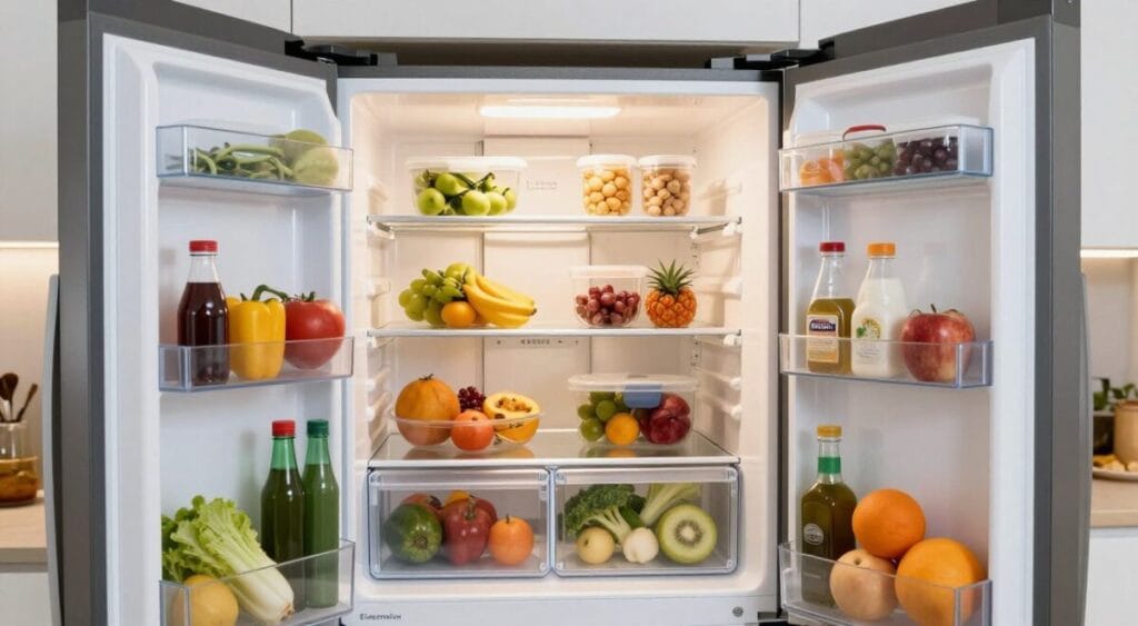 A beautifully organized interior of a spacious Electrolux refrigerator with 480 liters capacity, showcasing a practical and efficient layout. In the foreground, open refrigerator doors reveal neatly arranged food items, including fresh fruits, vegetables, and condiments placed in clear containers. The middle section features adjustable shelves filled with various food categories, illuminated by soft, warm light for a welcoming atmosphere. The background includes the refrigerator’s sleek design and well-defined compartments for optimal space utilization. The scene captures a sense of order and efficiency, ideal for a modern kitchen setting. Use a wide-angle lens to emphasize the refrigerator’s space and focus on the vibrant colors of the food. Ensure the lighting highlights the freshness of the items without any shadows. The image conveys a clean, organized, and inviting kitchen environment.