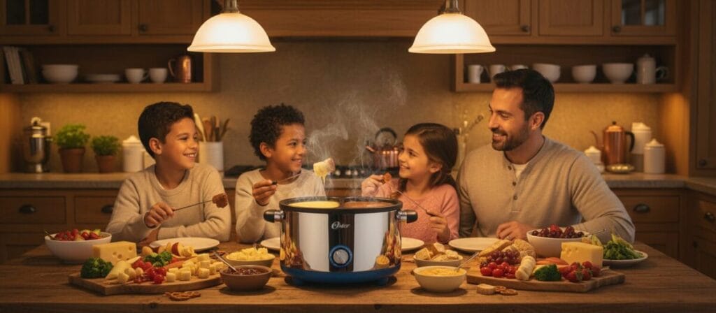 A cozy kitchen scene featuring an Oster electric fondue pot at the center, showcasing its sleek design and inviting blue and silver color scheme. In the foreground, a beautifully arranged platter of fresh fruits, vegetables, and assorted dippables like cheese and chocolate surround the fondue pot, with steaming fondue ready for dipping. In the middle ground, a friendly family enjoying the fondue experience, dressed in modest casual clothing, with expressions of joy and anticipation. The background should include warm kitchen elements like wooden cabinets, soft lighting from pendant lamps, and hints of decorative kitchenware. The atmosphere should feel inviting and homey, capturing the essence of shared moments and culinary delight. Use warm lighting to enhance the cozy vibe, with a slight focus on the fondue pot to draw attention to it. A cozy kitchen scene featuring an Oster electric fondue pot at the center, showcasing its sleek design and inviting blue and silver color scheme. In the foreground, a beautifully arranged platter of fresh fruits, vegetables, and assorted dippables like cheese and chocolate surround the fondue pot, with steaming fondue ready for dipping. In the middle ground, a friendly family enjoying the fondue experience, dressed in modest casual clothing, with expressions of joy and anticipation. The background should include warm kitchen elements like wooden cabinets, soft lighting from pendant lamps, and hints of decorative kitchenware. The atmosphere should feel inviting and homey, capturing the essence of shared moments and culinary delight. Use warm lighting to enhance the cozy vibe, with a slight focus on the fondue pot to draw attention to it.
