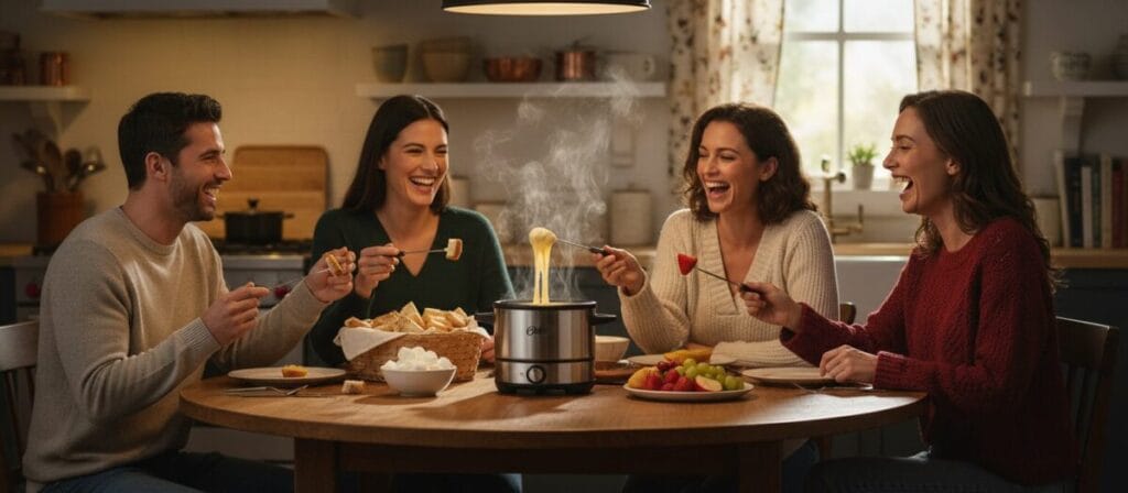 A cozy kitchen setting featuring a stylish Oster fondue pot in use, surrounded by a wooden dining table adorned with various dipping items like fresh fruits, bread, and marshmallows. In the foreground, a group of three people, dressed in casual but neat clothing, are actively engaged in enjoying the fondue experience, laughing and sharing. The middle ground highlights the melting cheese within the pot, steaming gently. Soft ambient lighting creates a warm and inviting atmosphere, with a slight focus on the fondue pot to emphasize the culinary delight. The background shows a well-organized kitchen with utensils and decorative accents, enhancing the feeling of a homey dining experience. A cozy kitchen setting featuring a stylish Oster fondue pot in use, surrounded by a wooden dining table adorned with various dipping items like fresh fruits, bread, and marshmallows. In the foreground, a group of three people, dressed in casual but neat clothing, are actively engaged in enjoying the fondue experience, laughing and sharing. The middle ground highlights the melting cheese within the pot, steaming gently. Soft ambient lighting creates a warm and inviting atmosphere, with a slight focus on the fondue pot to emphasize the culinary delight. The background shows a well-organized kitchen with utensils and decorative accents, enhancing the feeling of a homey dining experience.