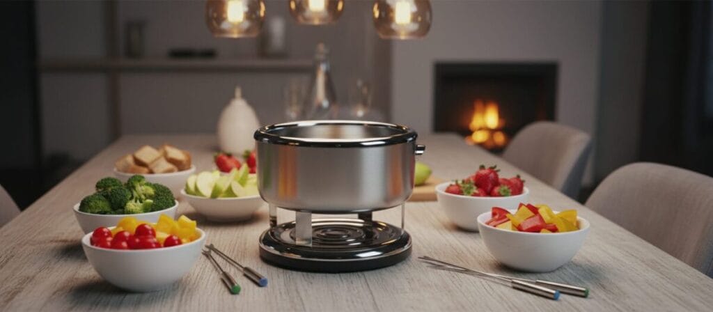 A modern electric fondue maker, featuring a sleek stainless steel bowl with a polished finish, sits prominently on a wooden table. Surrounding the fondue pot, a variety of fresh ingredients like sliced fruits, vegetables, and bread cubes are artfully arranged, hinting at a delightful culinary experience. In the background, soft ambient lighting creates a warm and inviting atmosphere, enhancing the mood of a cozy gathering. The image captures a slightly angled view, highlighting the fondue pot's design and the vibrant colors of the ingredients. The backdrop is softly blurred, highlighting the fondue maker while ensuring the focus remains on the subject, evoking a sense of culinary adventure and making it an essential kitchen gadget. A modern electric fondue maker, featuring a sleek stainless steel bowl with a polished finish, sits prominently on a wooden table. Surrounding the fondue pot, a variety of fresh ingredients like sliced fruits, vegetables, and bread cubes are artfully arranged, hinting at a delightful culinary experience. In the background, soft ambient lighting creates a warm and inviting atmosphere, enhancing the mood of a cozy gathering. The image captures a slightly angled view, highlighting the fondue pot's design and the vibrant colors of the ingredients. The backdrop is softly blurred, highlighting the fondue maker while ensuring the focus remains on the subject, evoking a sense of culinary adventure and making it an essential kitchen gadget.
