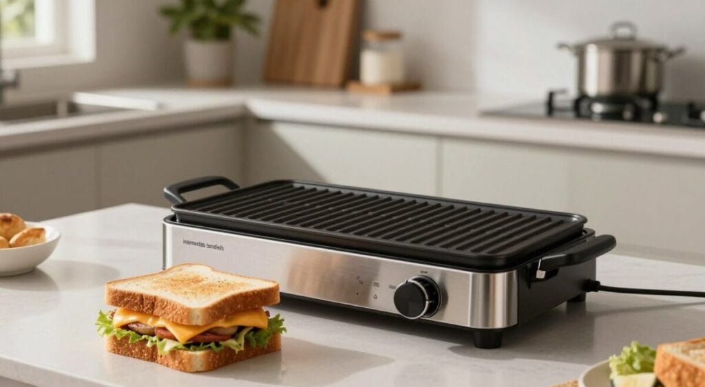 Uma moderna "sanduíche grill intermediário" é o ponto focal, posicionada com destaque em uma bancada de cozinha elegante. O grill possui um exterior em aço inoxidável com um acabamento liso e polido, evidenciando seu design de alta qualidade. Em primeiro plano, um sanduíche deliciosamente recheado, com queijo derretido e ingredientes frescos, repousa ao lado do grill, sugerindo suas funcionalidades. Uma iluminação suave e natural ilumina a cena, projetando sombras delicadas e realçando as texturas do sanduíche e do grill. Ao fundo, uma cozinha bem organizada, com eletrodomésticos discretos e plantas, adiciona profundidade, criando uma atmosfera convidativa. O ângulo da foto captura tanto o grill quanto o sanduíche na altura dos olhos, evocando uma sensação de apreciação pelas experiências culinárias do dia a dia. O clima geral é acolhedor e apetitoso, tornando-o atraente para cozinheiros domésticos que buscam equipamentos de cozinha práticos.