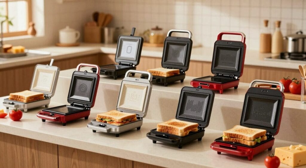 Uma bancada de cozinha moderna exibindo as 10 melhores sanduicheiras elétricas de 2026. Em primeiro plano, diversas sanduicheiras elegantes e estilosas em várias cores (preto, prata e vermelho) exibem seus designs exclusivos, com uma delas aberta revelando um delicioso sanduíche tostado. A camada intermediária apresenta utensílios de cozinha e ingredientes frescos, como tomates, queijo e pão, artisticamente dispostos ao redor das sanduicheiras. O fundo inclui uma cozinha bem iluminada com luz ambiente quente e convidativa, enfatizando uma atmosfera aconchegante. Use uma lente de foco suave para um toque acolhedor, capturando a cena de um ângulo ligeiramente elevado para destacar as funcionalidades dos aparelhos, garantindo que a composição geral seja equilibrada e atraente.