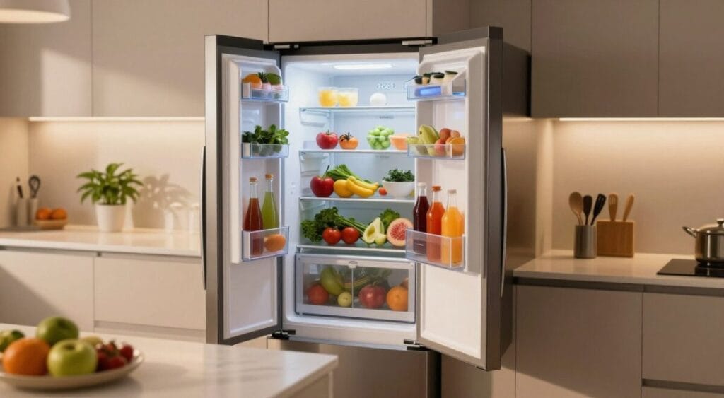 A modern kitchen featuring a sleek Electrolux refrigerator with a capacity of 480 liters, showcasing its energy-efficient design. In the foreground, the refrigerator is open, revealing neatly organized shelves filled with fresh produce and drinks. In the middle ground, surrounding elements like a stylish countertop with a potted plant and kitchen utensils enhance the atmosphere of a contemporary kitchen. The background displays soft, ambient lighting that highlights the energy-efficient LED features of the refrigerator. The scene should evoke a sense of innovation and sustainability, with a clean and inviting vibe. The camera angle is slightly elevated, capturing the refrigerator as the focal point, while warm colors create a cozy environment.