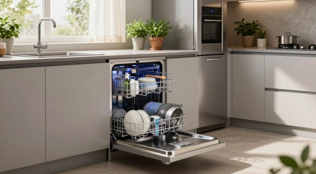 A modern kitchen featuring sustainable appliances, specifically an energy-efficient dishwasher as the focal point, with sleek, minimalist design. In the foreground, the stainless steel dishwasher is open, showcasing clean dishes inside, with a subtle glow of LED lights illuminating the interior. The middle of the scene includes eco-friendly countertops adorned with potted herbs, energy-efficient appliances like a smart refrigerator and an induction cooktop made from recycled materials. The background shows a sunlit window with curtains gently swaying, adding warmth to the space. Natural light spills in, creating a bright and inviting atmosphere. The overall mood is fresh, innovative, and environmentally conscious, representing the essence of modern, sustainable living in the kitchen.