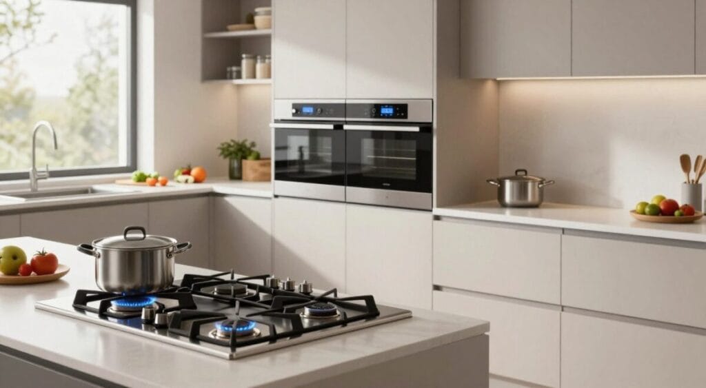 A modern kitchen featuring the most efficient kitchen appliances: sleek and stylish gas stoves and ovens with energy-efficient designs. In the foreground, display a polished stainless steel gas stove with flame visible, surrounded by neatly arranged cookware. In the middle, showcase a contemporary wall oven with a digital interface, reflecting high-tech functionality. The background includes minimalist cabinetry and a bright countertop adorned with fresh ingredients, highlighting a clean and eco-friendly vibe. Use natural lighting that streams in through a window, creating a warm and inviting atmosphere. Capture the image with a wide-angle lens to emphasize space and detail, focusing on the harmonious arrangement of appliances while maintaining a professional, homey aesthetic.