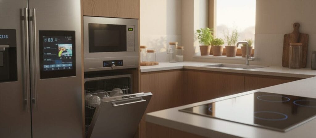 A modern kitchen interior featuring a variety of energy-efficient kitchen appliances. In the foreground, showcase an eco-friendly refrigerator with sleek lines and a stainless steel finish, alongside a compact, energy-saving dishwasher. In the middle ground, display a high-efficiency induction cooktop and a stylish microwave, both designed with energy-saving technology. The background includes natural light streaming through a window, illuminating a small indoor herb garden, enhancing the vibrant atmosphere. Use a soft-focus lens effect to create a warm, inviting mood. The overall composition should convey a sense of sustainability and modern design, emphasizing the efficiency of these appliances in a cozy kitchen setting.