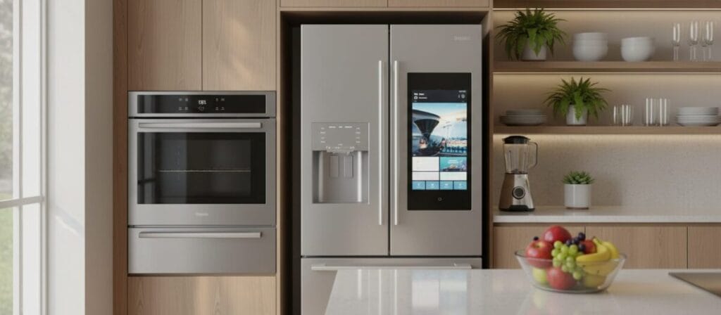 A modern kitchen interior showcasing efficient kitchen appliances, focusing on advanced refrigerators. In the foreground, a sleek, stainless steel refrigerator with a touchscreen interface, surrounded by a stylish countertop with a fruit bowl. The middle ground features additional contemporary appliances like a smart oven and a high-tech blender, emphasizing functionality and design. The background reveals open shelving with elegant dinnerware and houseplants, creating a warm, inviting atmosphere. Soft, natural lighting streams through a window, highlighting the shiny surfaces and creating a cozy ambiance. The camera angle is centered at eye level, capturing the essence of modern efficiency in home cooking. The mood is fresh, bright, and inspiring, perfect for a contemporary kitchen aesthetic.