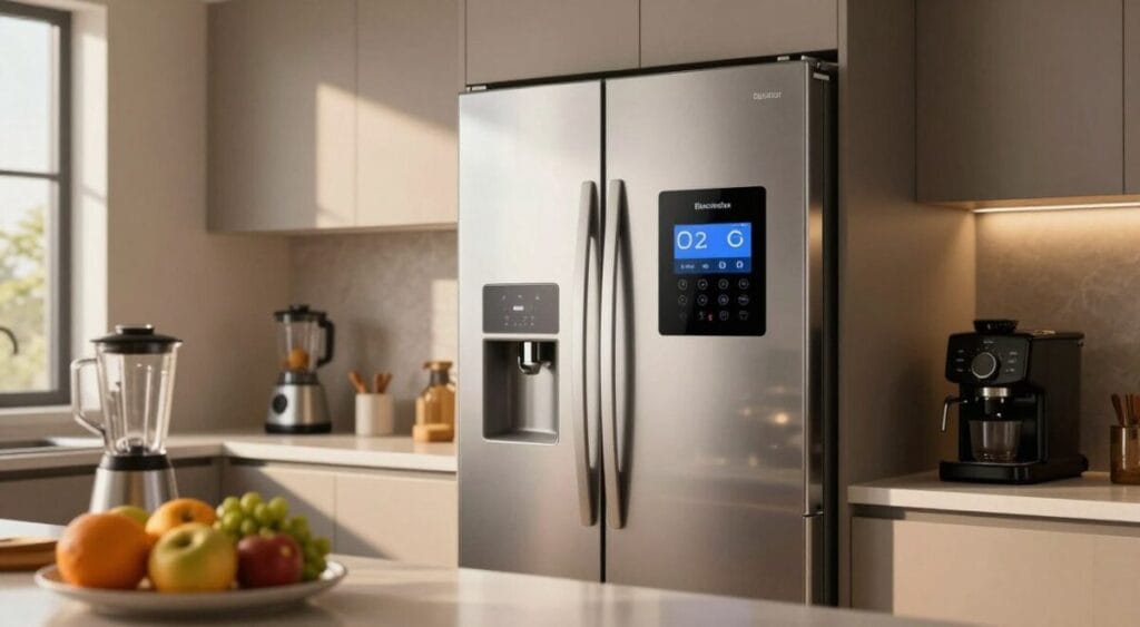 A modern kitchen showcasing a large Electrolux refrigerator prominently placed on one side. The refrigerator has a sleek stainless steel finish with a digital display panel, exuding an aura of sophistication and functionality. In the foreground, include a countertop with fresh fruits and kitchen appliances, such as a blender and a coffee maker, adding a touch of everyday life. The middle of the scene features the refrigerator, reflecting soft, warm kitchen lighting that creates a welcoming atmosphere. The background shows stylish cabinetry and a window allowing natural light to filter in, casting gentle shadows. Capture the image from a slightly elevated angle, emphasizing the refrigerator's height and modern design, evoking a sense of a vibrant, modern lifestyle where convenience meets aesthetics.