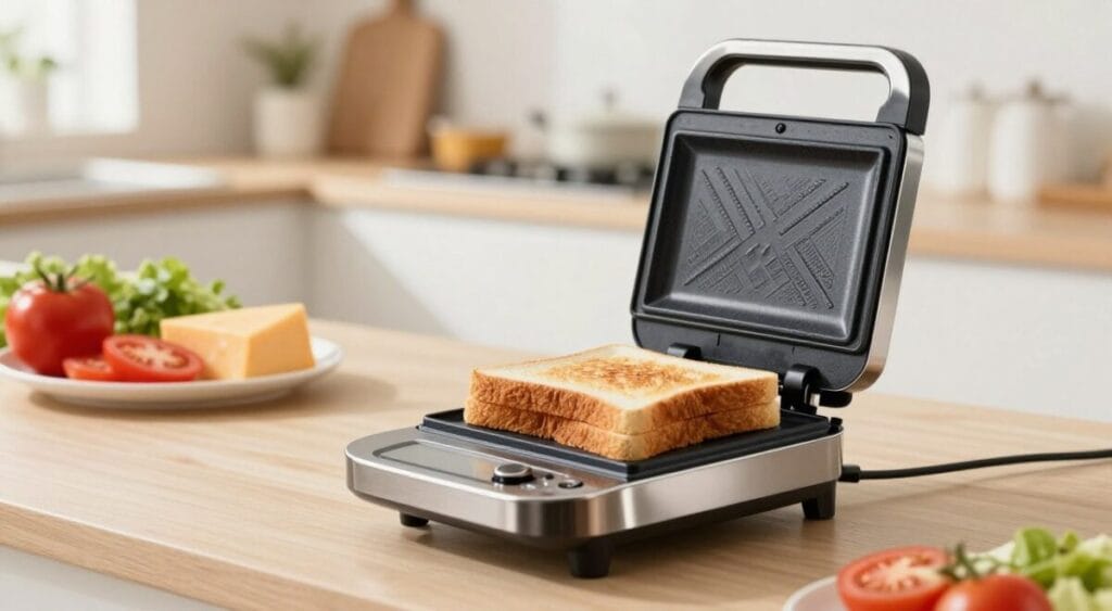 Uma sanduicheira elétrica moderna e elegante, de nível básico, posicionada em destaque no primeiro plano, exibindo seu exterior brilhante em aço inoxidável e detalhes em preto. O aparelho deve ter uma placa de grelhar antiaderente texturizada ligeiramente aberta, revelando sanduíches perfeitamente tostados em seu interior. No plano médio, uma bancada de cozinha convidativa, repleta de ingredientes frescos como rodelas de tomate, queijo e coberturas coloridas, complementa a sanduicheira, sugerindo deliciosas possibilidades de refeições. O fundo exibe uma cozinha suavemente iluminada, com luz branca quente iluminando o espaço, criando uma atmosfera acolhedora. O ângulo deve ser ligeiramente elevado, capturando tanto o aparelho quanto os ingredientes, transmitindo uma sensação de praticidade e custo-benefício. O clima geral é aconchegante e acolhedor, enfatizando a excelente relação custo-benefício deste eletrodoméstico compacto.