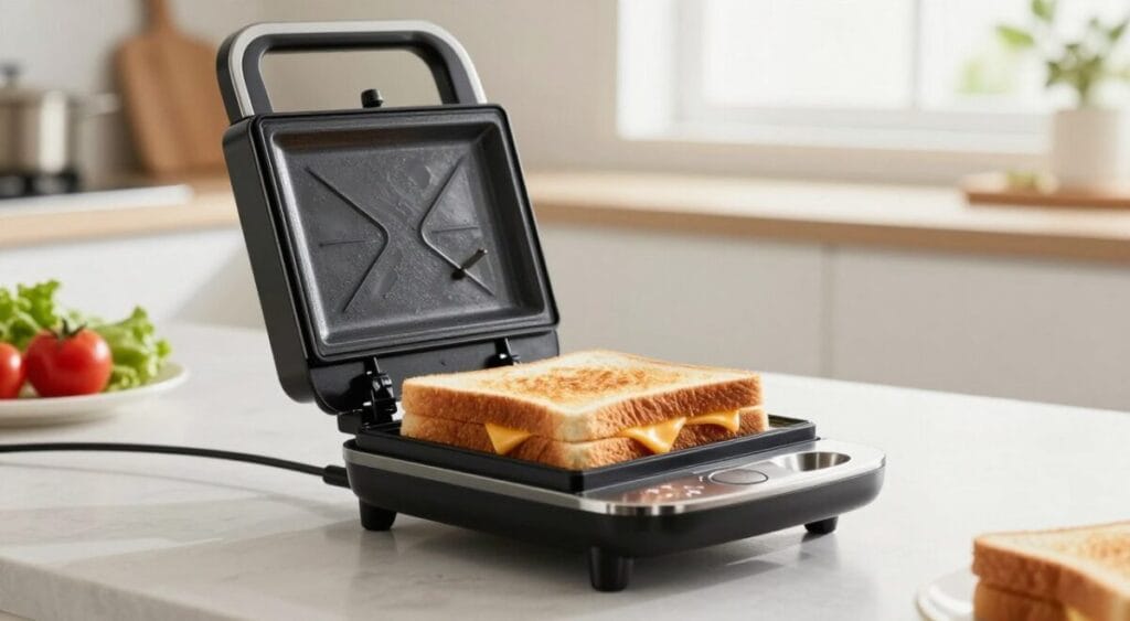 Uma sanduicheira elétrica elegante, compacta e portátil ocupa lugar de destaque em primeiro plano, exibindo seu design moderno com acabamento em preto brilhante e detalhes em aço inoxidável. A sanduicheira está ligeiramente aberta, revelando sanduíches perfeitamente tostados em seu interior, com queijo derretido escorrendo. Em segundo plano, uma bancada de cozinha limpa e minimalista adiciona contexto, com um toque sutil de ingredientes frescos, como tomates e alface, próximos, indicando seu uso pretendido. O fundo está suavemente desfocado, retratando uma cozinha bem iluminada com luz natural entrando por uma janela, criando uma atmosfera acolhedora e convidativa. O clima geral é prático e contemporâneo, enfatizando a conveniência e a eficiência no preparo das refeições. O ângulo da câmera captura a sanduicheira na altura dos olhos, destacando seu tamanho compacto e recursos portáteis sem distrações.