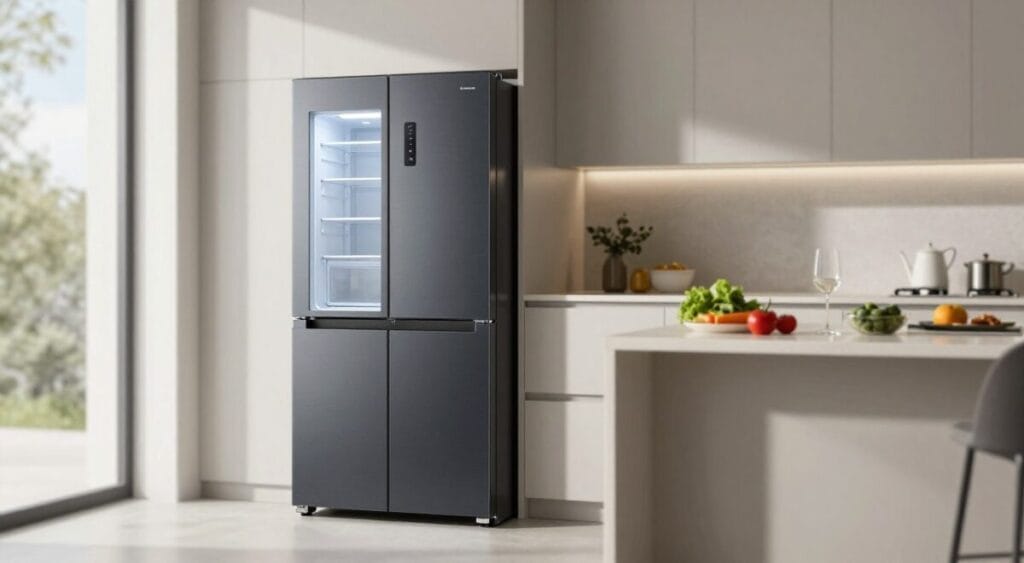 A sleek, modern Electrolux refrigerator with a capacity of 480 liters, showcasing its advanced cooling technology. The refrigerator is placed in a bright, contemporary kitchen setting, with natural light streaming through large windows, casting soft shadows. In the foreground, focus on the refrigerator's glossy finish and innovative features like adjustable shelves and a digital temperature display. In the middle ground, a stylish kitchen island with fresh produce and elegant kitchenware complements the scene. The background shows a tastefully arranged kitchen with minimalistic design elements, emphasizing cleanliness and organization. The overall mood is one of sophistication and efficiency, encapsulating the essence of modern refrigeration performance. The image should have a clean, crisp look, simulating a shallow depth of field to highlight the refrigerator's details.