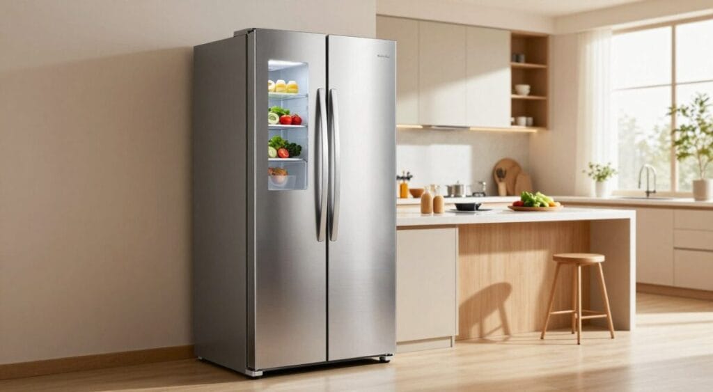 A sleek, modern stainless steel refrigerator, featuring elegant curves and a vibrant finish, dominates the foreground. The door is slightly ajar, revealing a well-organized interior with fresh produce and beverages. In the middle ground, a stylish kitchen island complements the refrigerator, adorned with minimalist décor and warm wooden elements. Bright, natural lighting filters through large windows in the background, casting soft shadows and creating an inviting atmosphere. The angle captures the refrigerator at a three-quarter view, emphasizing its ergonomic design while showcasing the harmonious blend of modern appliances and a cozy kitchen environment. The scene embodies sophistication and functionality, making the kitchen feel both upscale and welcoming.
