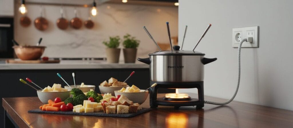 A stylish electric fondue pot elegantly displayed on a polished wooden table, surrounded by an assortment of fresh ingredients such as cheese, vegetables, and bread for dipping. The fondue pot, featuring a sleek design with a stainless steel finish, is plugged into a modern outlet, with a warm glow emanating from its heating element. In the background, a softly blurred kitchen setting is illuminated by warm, ambient lighting, creating a cozy atmosphere. The shot is taken from a slightly elevated angle, showcasing the pot’s details and the array of dipping items in enticing proximity, inviting a sense of culinary exploration and delight in the flavors of fondue. A stylish electric fondue pot elegantly displayed on a polished wooden table, surrounded by an assortment of fresh ingredients such as cheese, vegetables, and bread for dipping. The fondue pot, featuring a sleek design with a stainless steel finish, is plugged into a modern outlet, with a warm glow emanating from its heating element. In the background, a softly blurred kitchen setting is illuminated by warm, ambient lighting, creating a cozy atmosphere. The shot is taken from a slightly elevated angle, showcasing the pot’s details and the array of dipping items in enticing proximity, inviting a sense of culinary exploration and delight in the flavors of fondue.