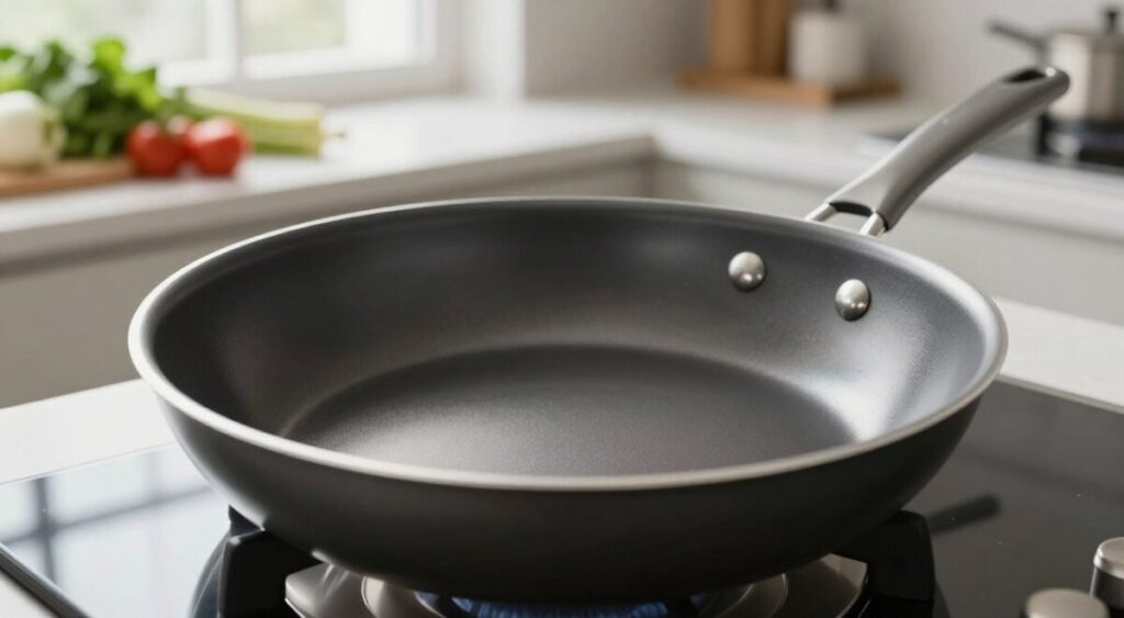 Um close-up de uma frigideira moderna com superfície antiaderente de Teflon, destacando a textura lisa e brilhante que representa as substâncias PFAS. A frigideira está em uma cozinha luxuosa, com luz natural suave filtrada por uma janela próxima, realçando os reflexos na superfície. Ao fundo, uma bancada limpa e minimalista exibe ingredientes frescos, como vegetais e ervas, sugerindo uma culinária saudável. A atmosfera é serena e contemporânea, transmitindo segurança e sofisticação. O foco deve estar nos detalhes do revestimento da frigideira, enfatizando quaisquer preocupações potenciais relacionadas às PFAS. A composição deve ser fotografada de um ângulo ligeiramente elevado, destacando as características da frigideira sem texto ou distrações.