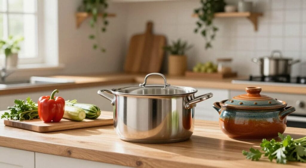 Uma cena de cozinha elegante, exibindo diversas panelas saudáveis ​​sobre uma bancada de madeira. Em primeiro plano, uma panela de aço inoxidável de alta qualidade se destaca, refletindo a luz com sua superfície polida. Ao lado, uma panela de cerâmica com um esmalte vibrante em tons terrosos adiciona cor. Em segundo plano, uma tábua de madeira exibe vegetais frescos como pimentões, abobrinhas e ervas, enfatizando ingredientes saudáveis. O fundo apresenta uma cozinha aconchegante e com iluminação suave, adornada com plantas suspensas e prateleiras de madeira. A luz natural do sol entra por uma janela, lançando um brilho delicado sobre as panelas e os vegetais, criando uma atmosfera acolhedora. Certifique-se de que a cena transmita uma sensação de exploração culinária aconchegante e escolhas práticas e saudáveis ​​na cozinha.